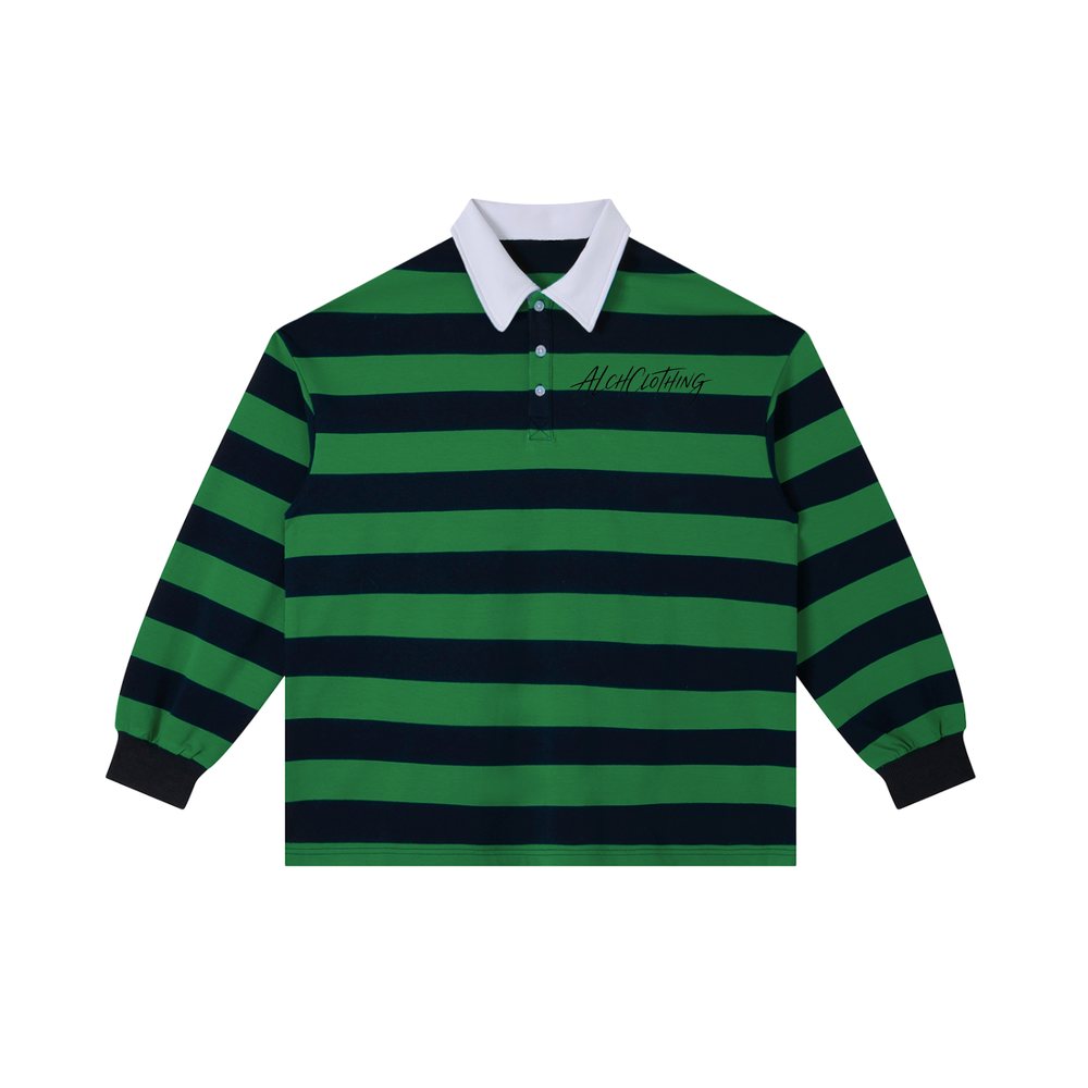 Color Block Stripe Polo Shirt Green with Navy Blue